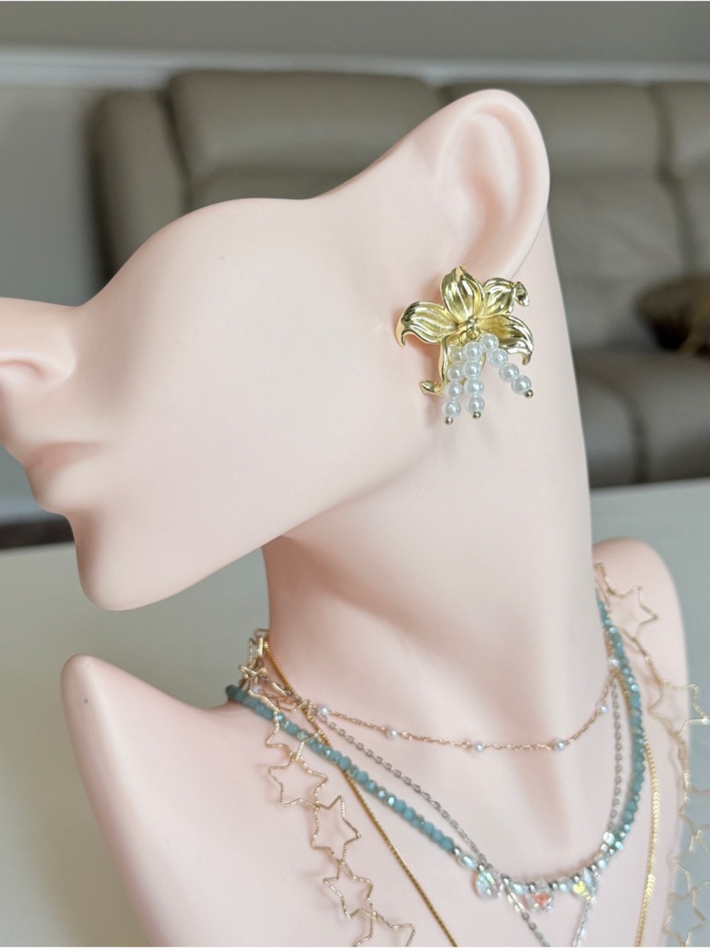 Gold Floral Pearl Drop Earrings